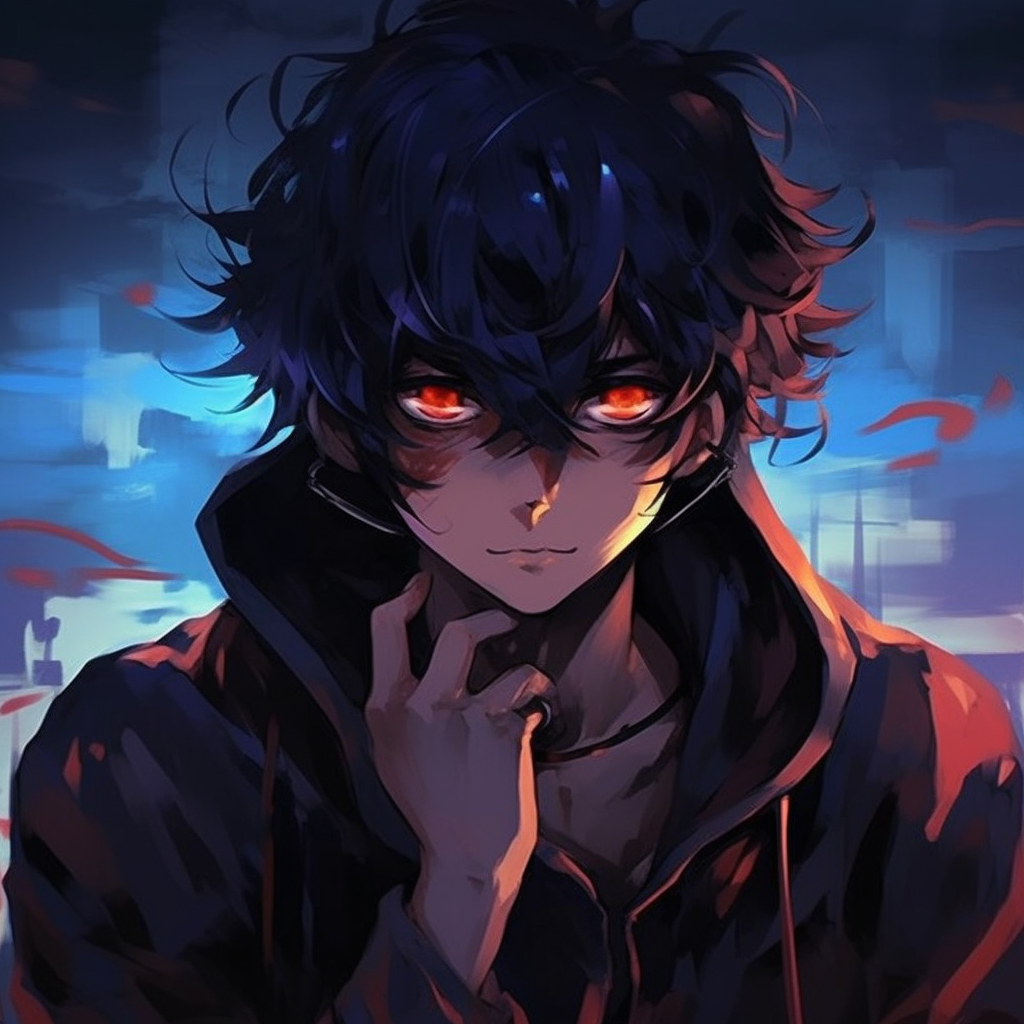 A mysterious dark anime character, intense facial expression and muted colors. dark anime guy pfp styles pfp for discord.