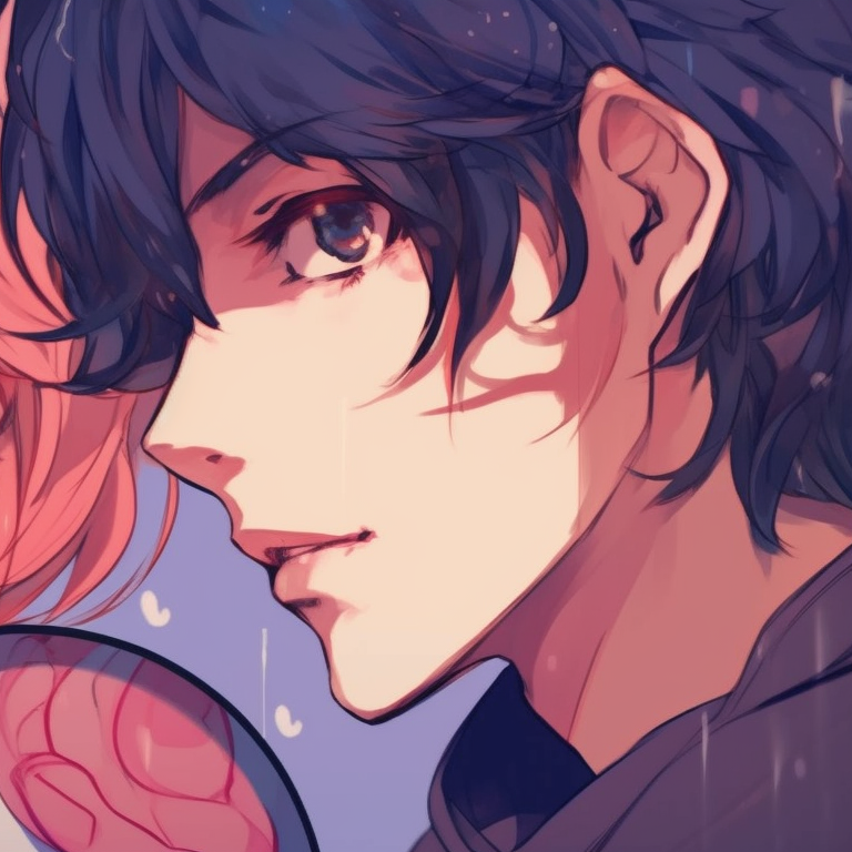 Two characters locking eyes, detailed line work and cool colors. ideal couple pfp matching pfp for discord.