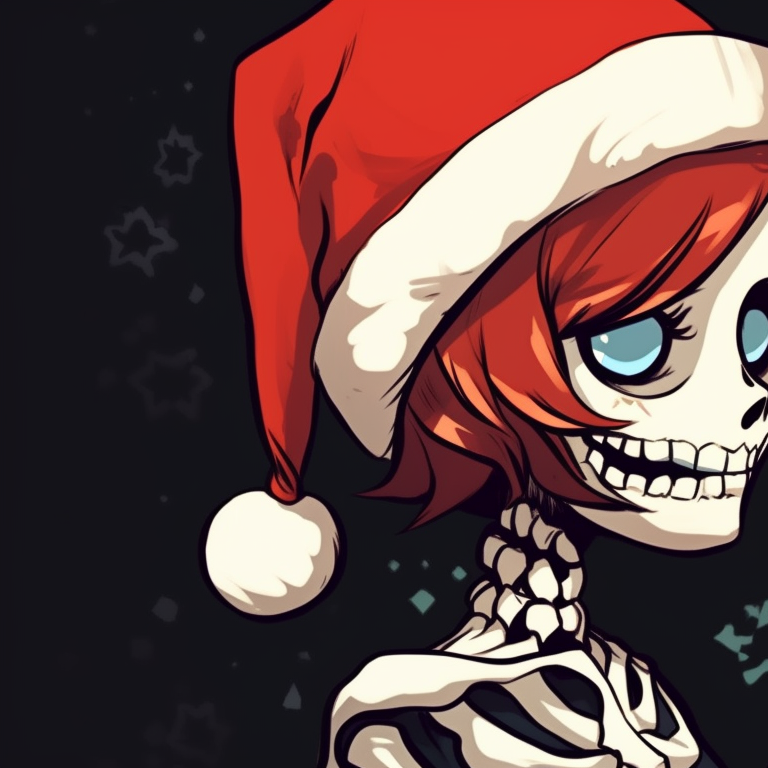 Two characters, winter-themed attire, their rib cages decorated with Christmas ornaments, leaning towards each other. bone love - matching christmas pfp of skeletons kissing pfp for discord.