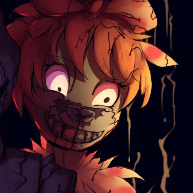 Two FNAF characters, Halloween costumes and ghoulish colors, positioned side-by-side with a haunted house in the backdrop. fnaf pfp halloween designs pfp for discord.