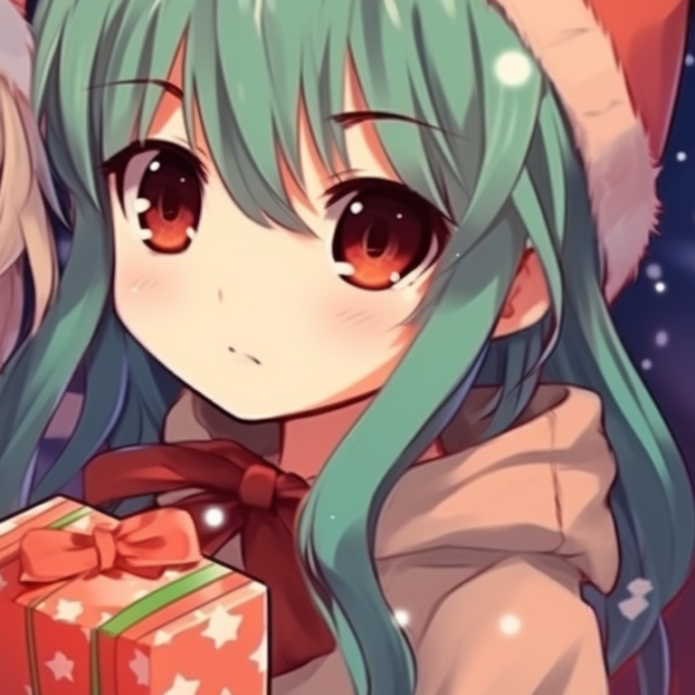 Two characters with large gift boxes, intricate bow details and a snowy backdrop. cutest matching christmas anime pfp girls pfp for discord.