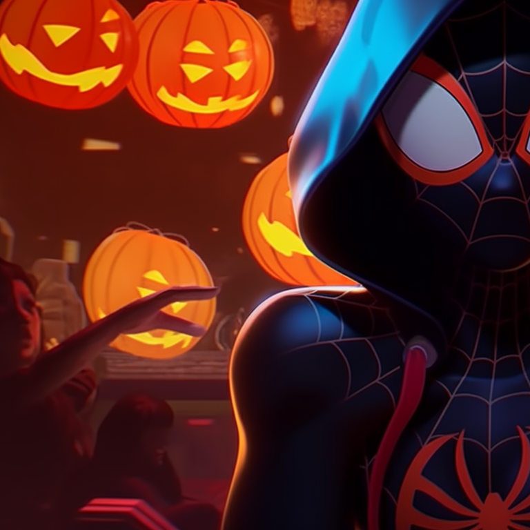 Gwen and Miles against glowing jack-o'-lanterns, soft lighting and intricate costumes. spiderverse gwen and miles matching pfp pfp for discord.