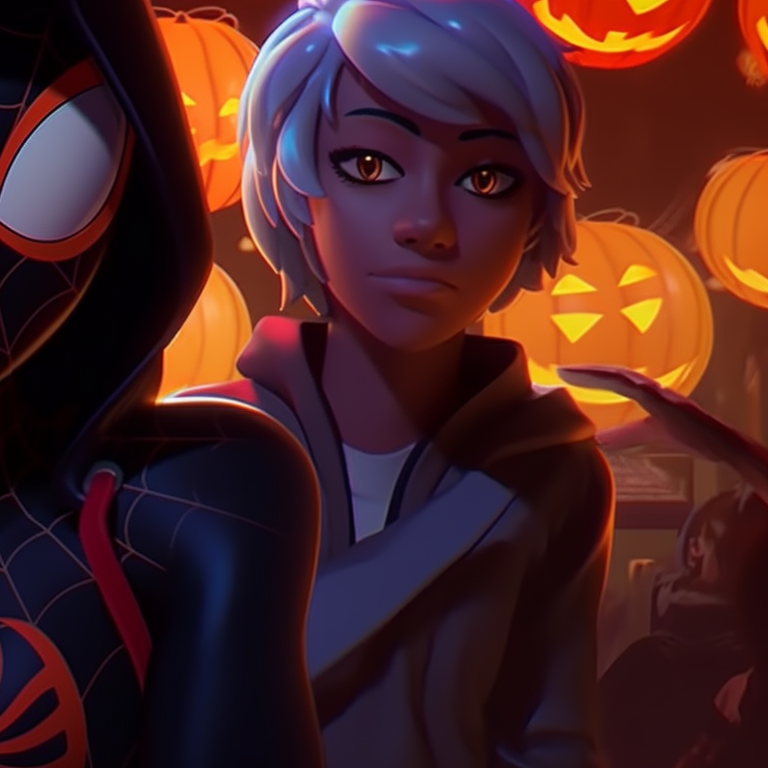 Gwen and Miles against glowing jack-o'-lanterns, soft lighting and intricate costumes. spiderverse gwen and miles matching pfp pfp for discord.