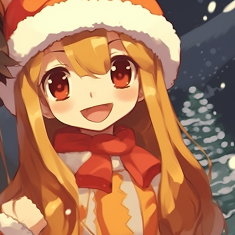 Two characters, bright coral outfits speckled with snow, their hands touching with a Christmas tree in the background. unique matching orange christmas pfp pfp for discord.