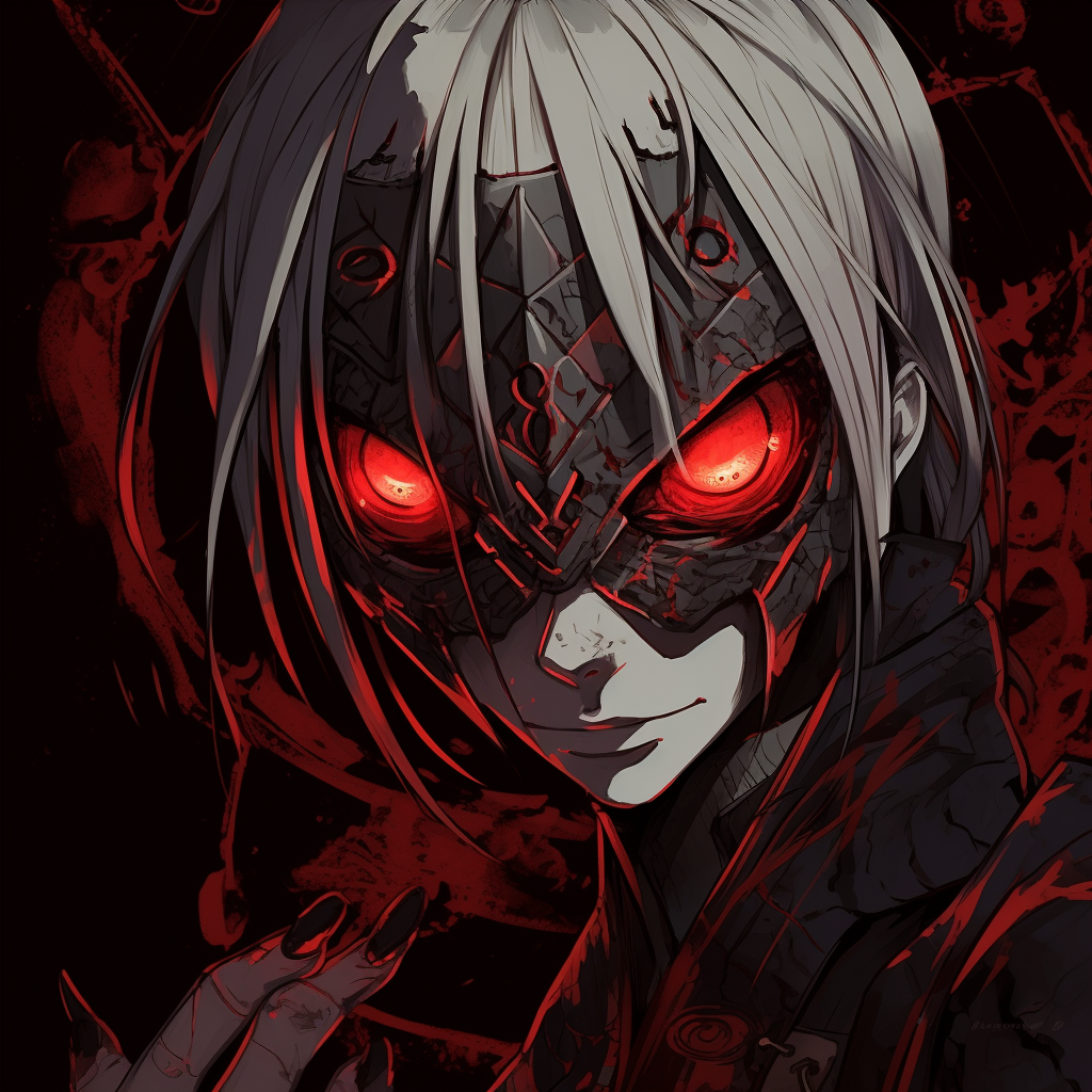 Close-up of a demonic eye characterized by deep red color and intricate details. demonic anime pfp for boys pfp for discord.
