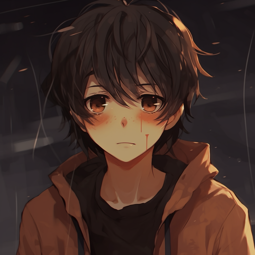 Anime boy with a solemn expression, rich color palette and fine line work. sad pfp anime boy characters