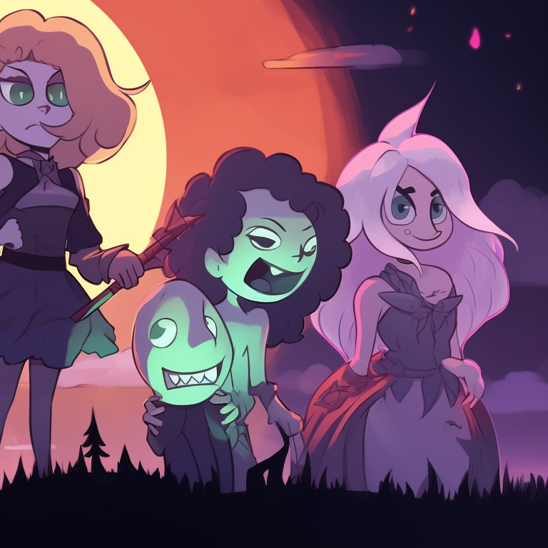 The main Steven Universe characters dressed in traditional Halloween costumes with a faded moon and dark graveyard backdrop. halloween themed steven universe profile pictures pfp for discord.