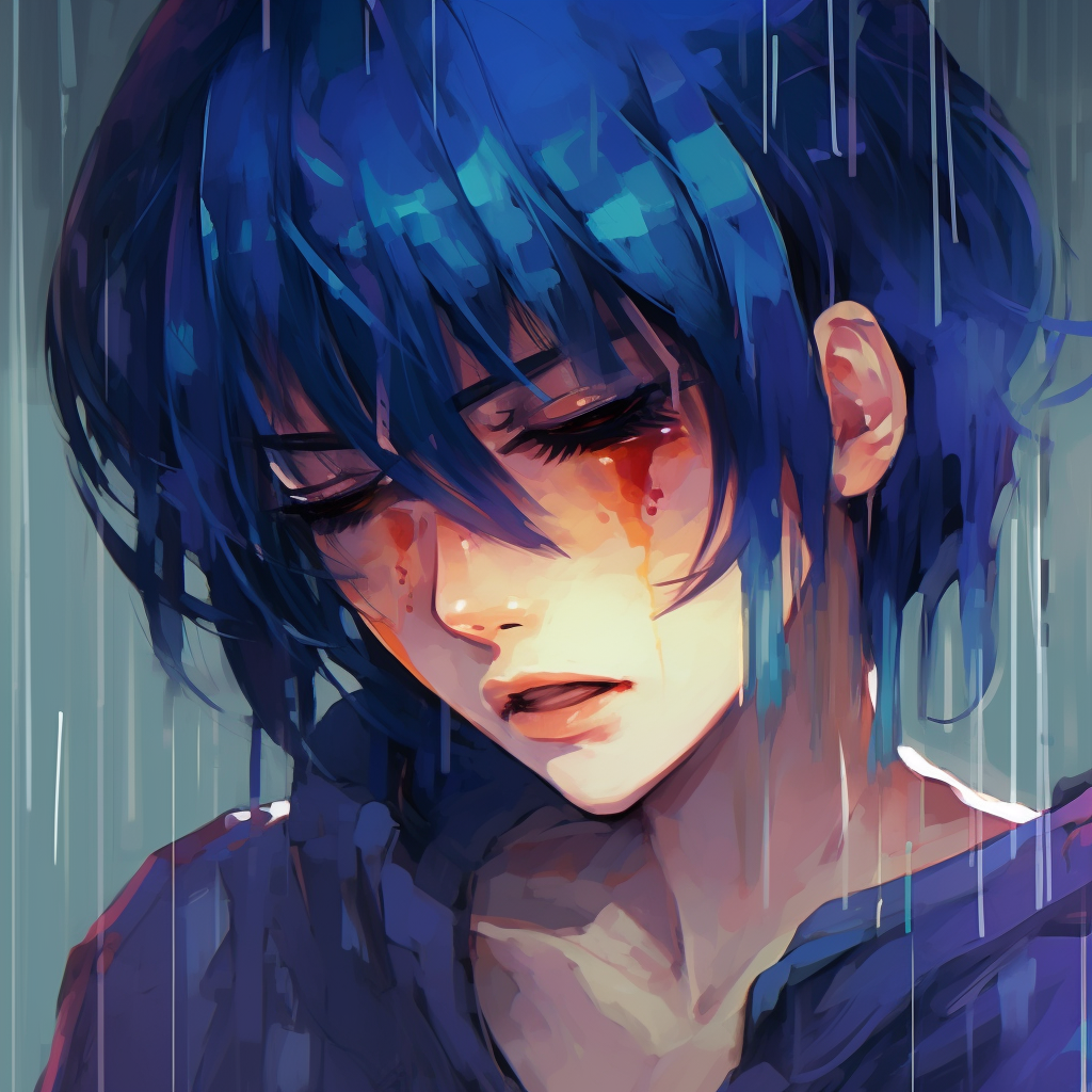 Anime character with a thoughtful expression, hues and tints of blue dominating the art palette. depicted sadness in anime pfp
