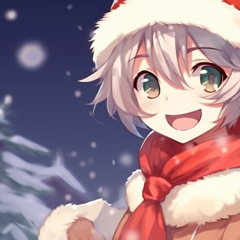 Two characters exchanging gifts with a decorated Christmas tree in the background, bright colors and detailed wrapping. christmas themed matching discord pfp pfp for discord.