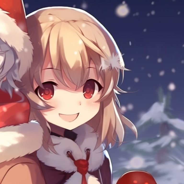 Two characters exchanging gifts with a decorated Christmas tree in the background, bright colors and detailed wrapping. christmas themed matching discord pfp pfp for discord.