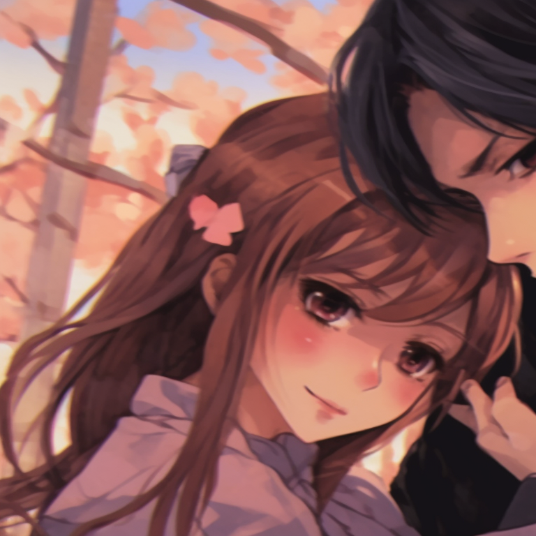 Two characters in classic wedding attire, muted colors and ornate details, posing together. classic matching anime pfp for couples pfp for discord.