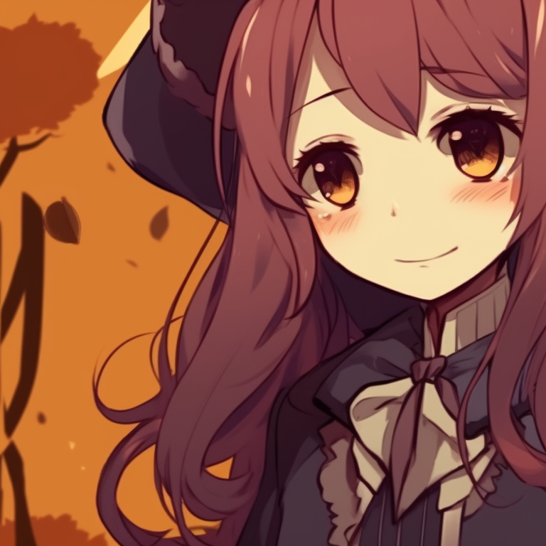 Two characters wearing matching pumpkin costumes, autumn colors and cartoonish style. anime matching pfp aesthetic halloween theme pfp for discord.