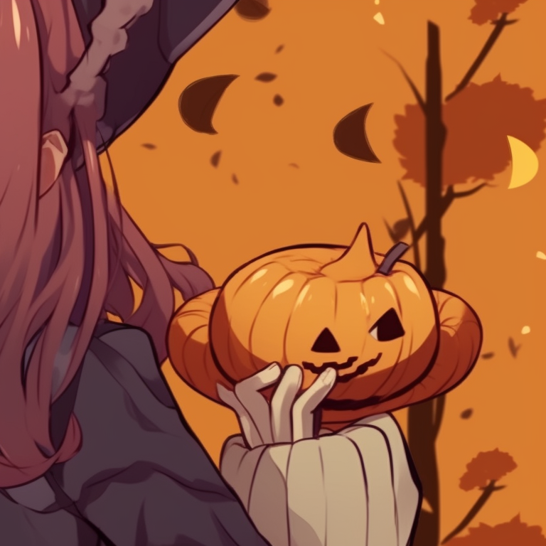 Two characters wearing matching pumpkin costumes, autumn colors and cartoonish style. anime matching pfp aesthetic halloween theme pfp for discord.