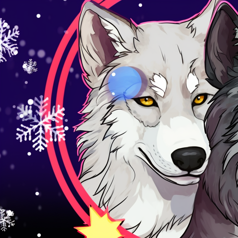 Two friendly wolf characters with a backdrop of Christmas lights, soft shading and warm palette. artistic matching christmas wolf pfp pfp for discord.