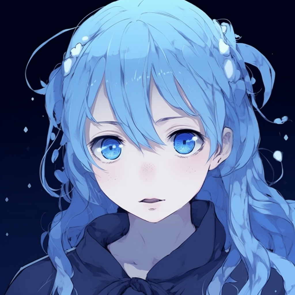 Close up of a youthful face with strikingly gentle blue eyes, focus on the expressions and dynamic lighting. blue anime pfp for characters