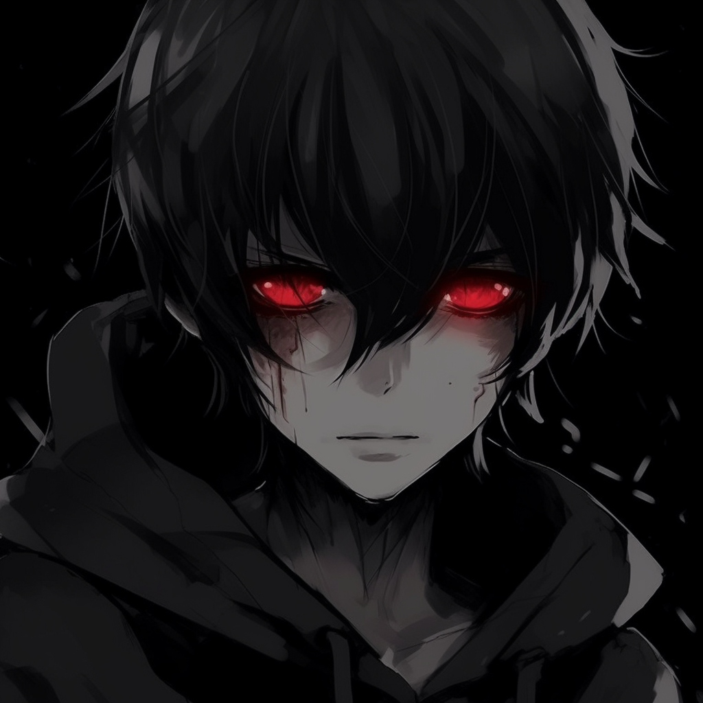 Character portrait drawn under twilight, focusing on somber tones with a hint of vibrancy. anime pfp in dark aesthetic mood pfp for discord.