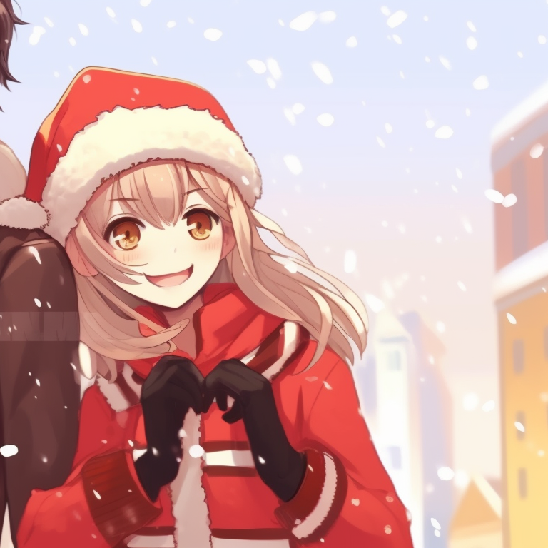 Two characters with an old town scenery, highlighted by festive lights and decorations. trendy matching christmas pfp background designs pfp for discord.