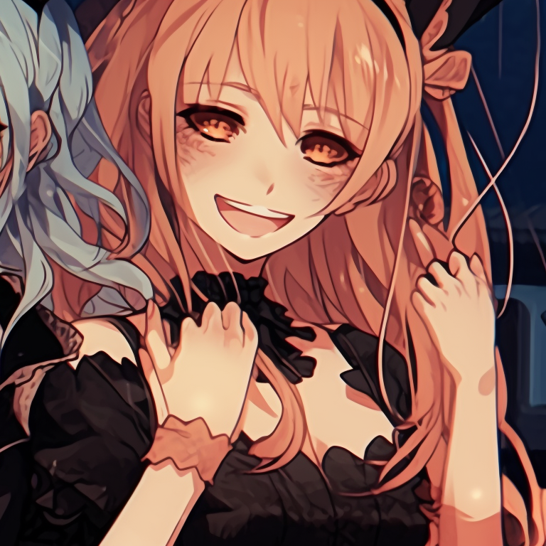 Two characters, intense eyes and frightful fashion, detailed costume elements. spooky halloween theme my dress up darling matching pfp fashion pfp for discord.