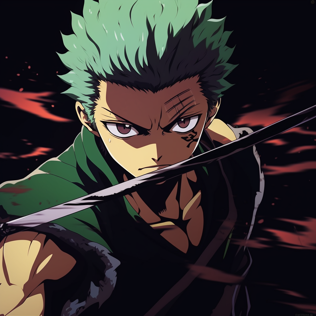 Roronoa Zoro in dynamic battle pose, heavy lines and bold colors. high quality anime pfp in one piece theme
