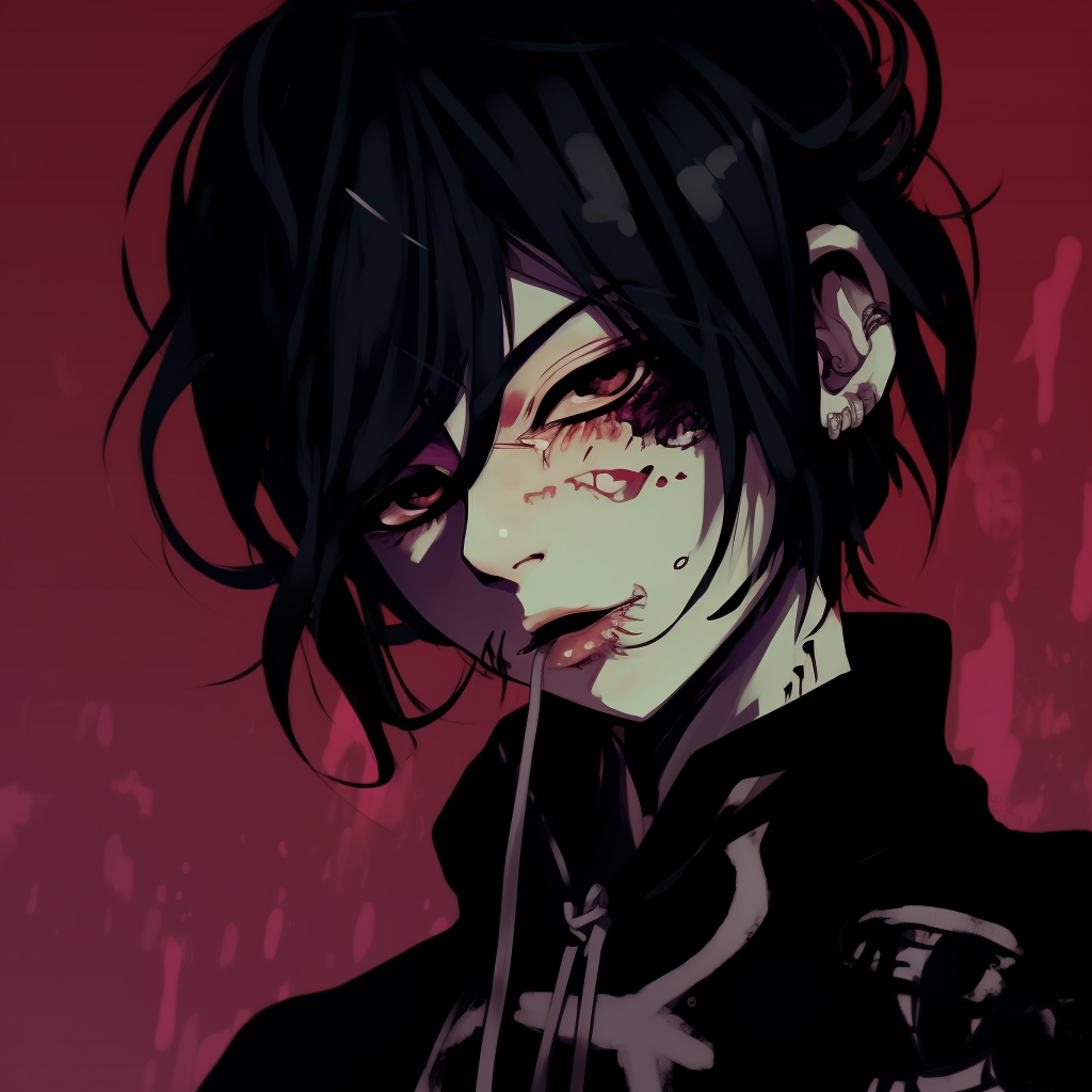 An emo-inspired anime character featuring multiple face and ear piercings, displaying dark and vibrant art style selection of emo anime pfp