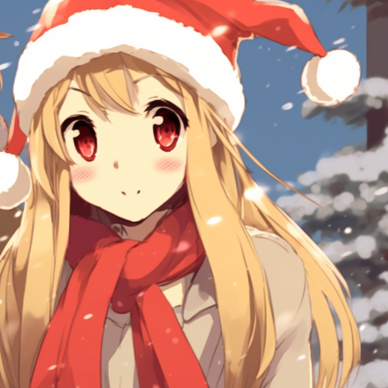 Two characters, twinkling stars around, pastel tones, sharing hushed secrets under a Christmas lit tree. anime inspired matching christmas pfp gif pfp for discord.