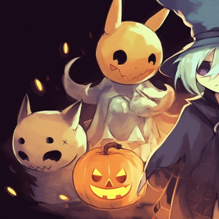 Two Pokemon exploring spooky surroundings, dimly lit details, expressions conveying curiosity. matching pokemon pfp halloween theme for friends pfp for discord.