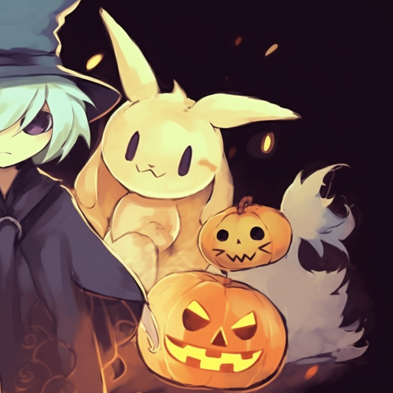 Two Pokemon exploring spooky surroundings, dimly lit details, expressions conveying curiosity. matching pokemon pfp halloween theme for friends pfp for discord.
