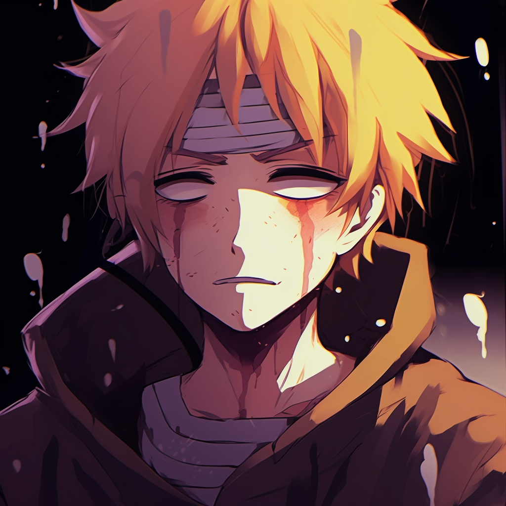 Close-up of tear-streaked Naruto, intricate details on the tears and softer overall palette. most poignant anime sad pfps