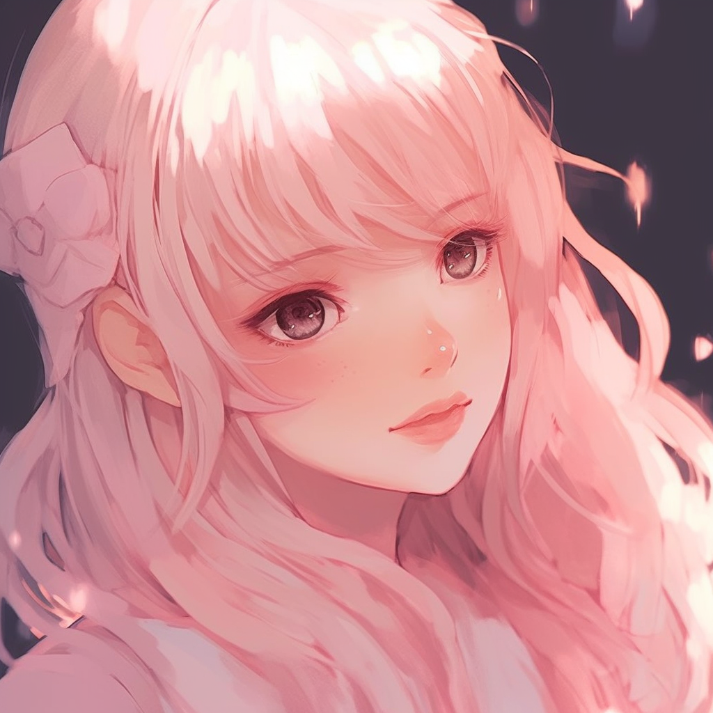 Cityscape behind a pink-haired anime girl, lush details, and bold color contrasts. stunning pfp pink anime girl art pfp for discord.