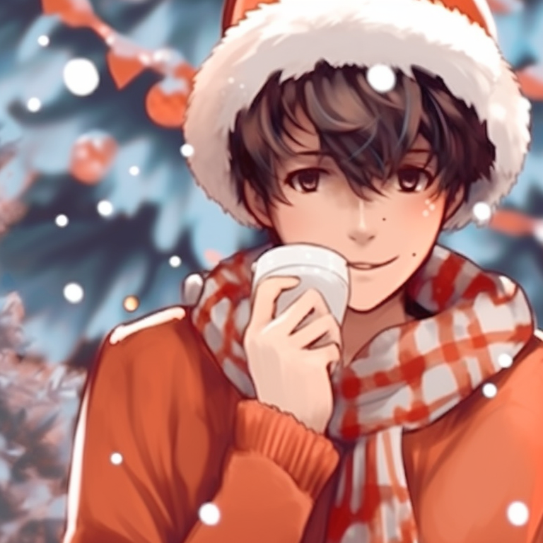 Two characters bundled up in winter attire, snowy backdrop and pastel colors. stylish preppy christmas pfp matches pfp for discord.