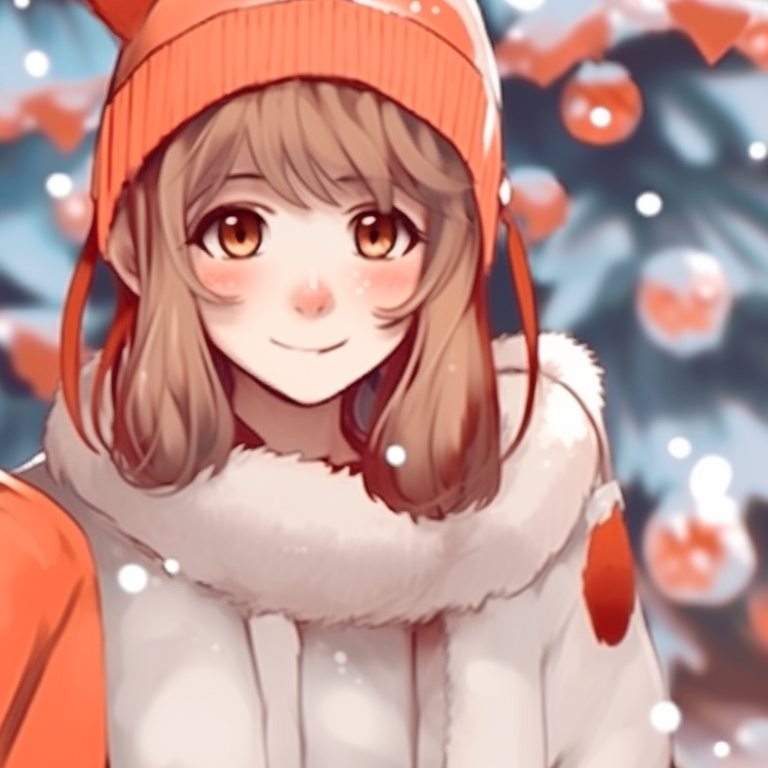 Two characters bundled up in winter attire, snowy backdrop and pastel colors. stylish preppy christmas pfp matches pfp for discord.