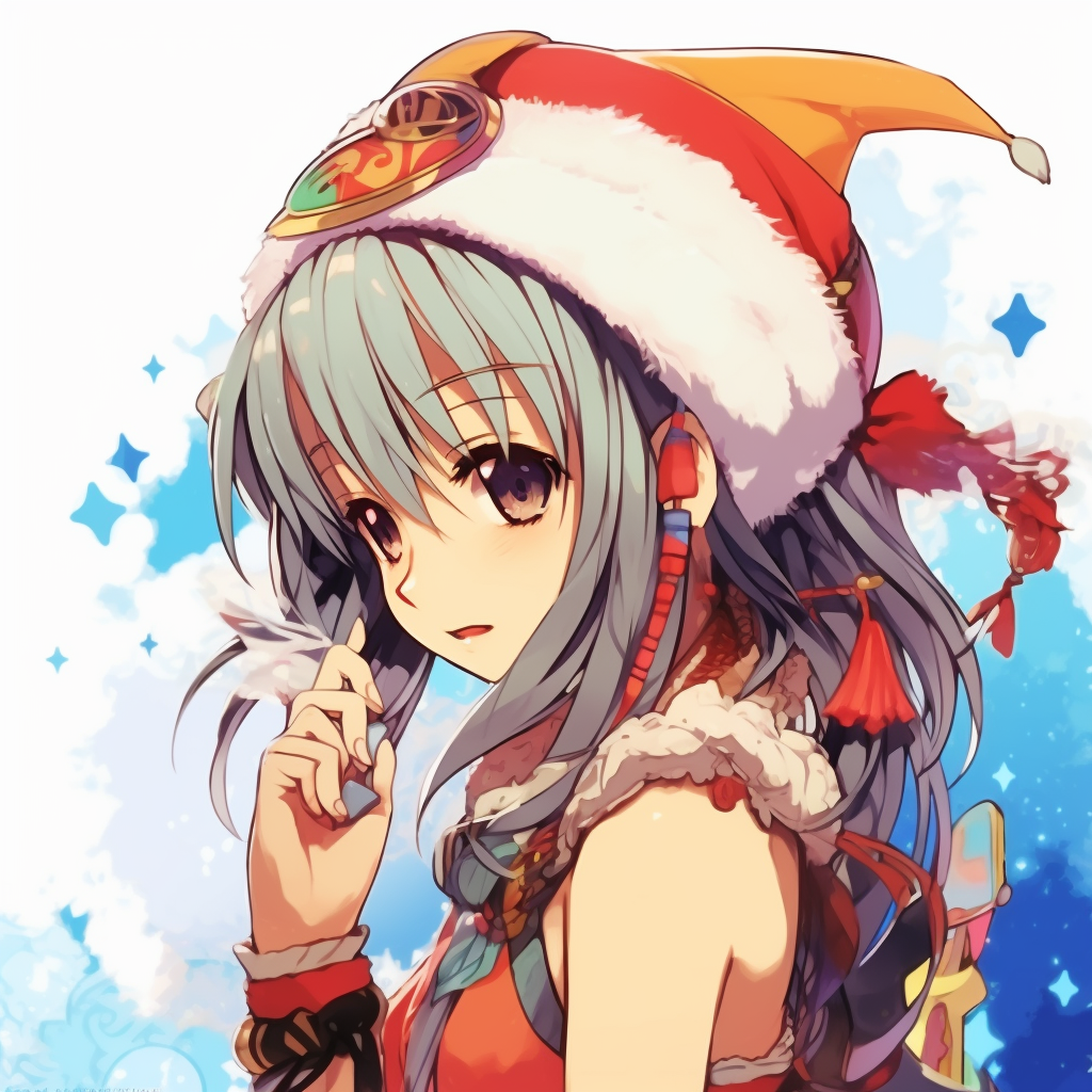 Anime girl portrayed as Christmas angel with wings and sparkling effects, utilizes soft shading and pastel colors. anime girl characters