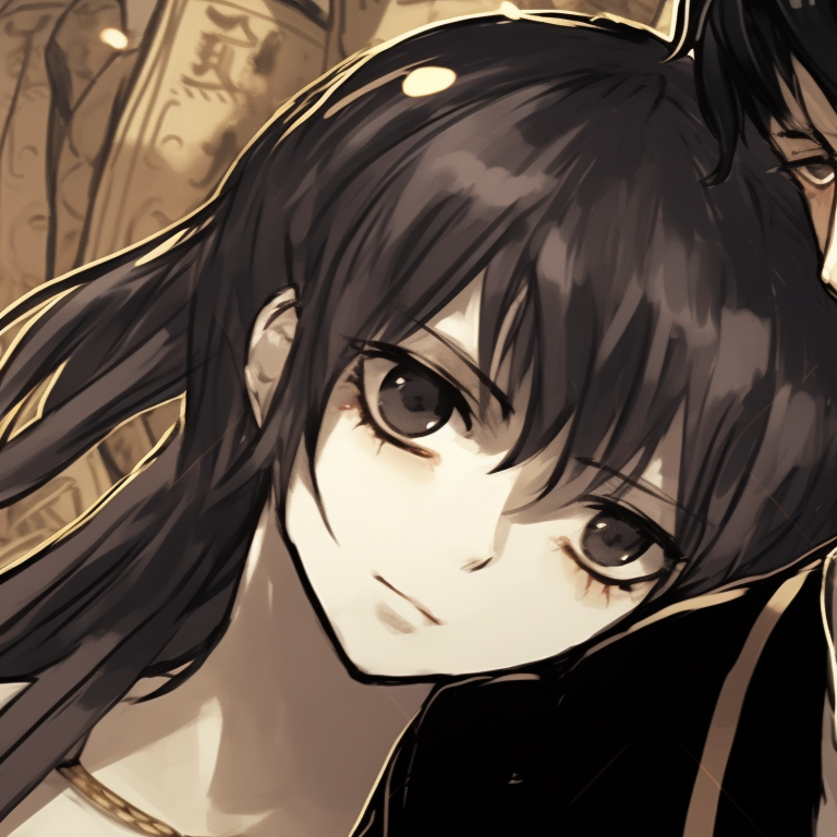 Lady K and the Sick Man, intense gazes, in a luxurious room, with views of the financial district behind them. lady k and the sick man matching pfp finance pfp for discord.