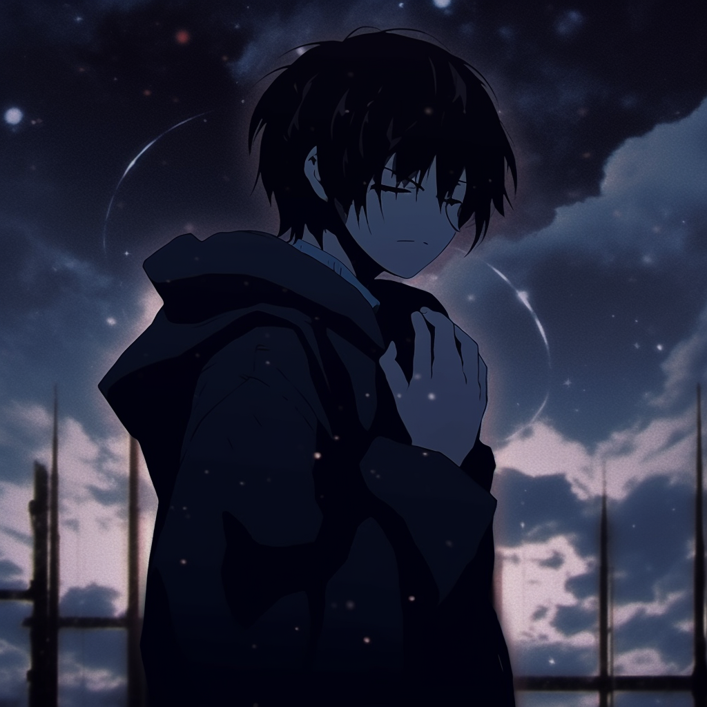Silhouetted anime character against a night sky, deep blues and greys provide a melancholy atmosphere. sorrowful anime pfp pfp for discord.