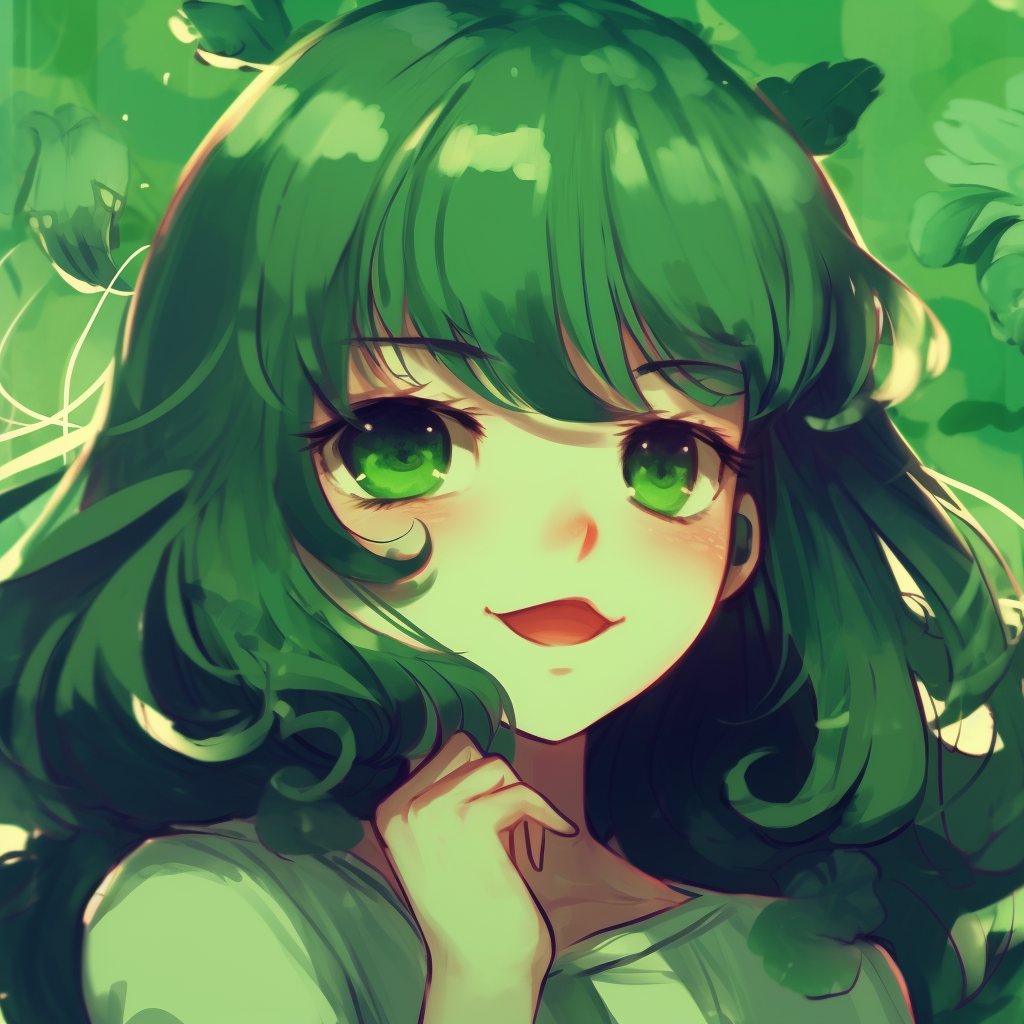 A dreamy anime girl with shimmering green highlights in her hair, realized with blended hues and soft lines. verdant green anime pfp girl