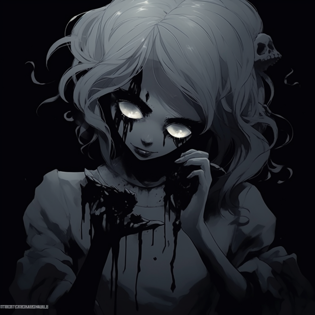 Marked by a gothic touch, an anime maiden imposes with her frightful beauty. scary anime pfp with aesthetic touch pfp for discord.