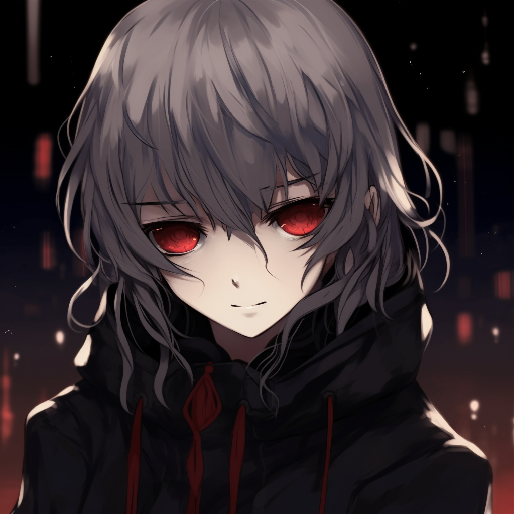 Vampire anime boy showcasing gothic style, deep red eyes and fangs with a bold red motif. ultimate gothic anime boy pfp