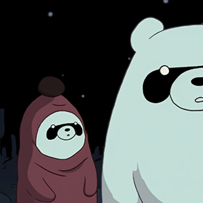 Grizzly, Panda, and Ice Bear strolling under a full moon, high contrast and stark shadows. cute we bare bears matching halloween pfp ideas pfp for discord.
