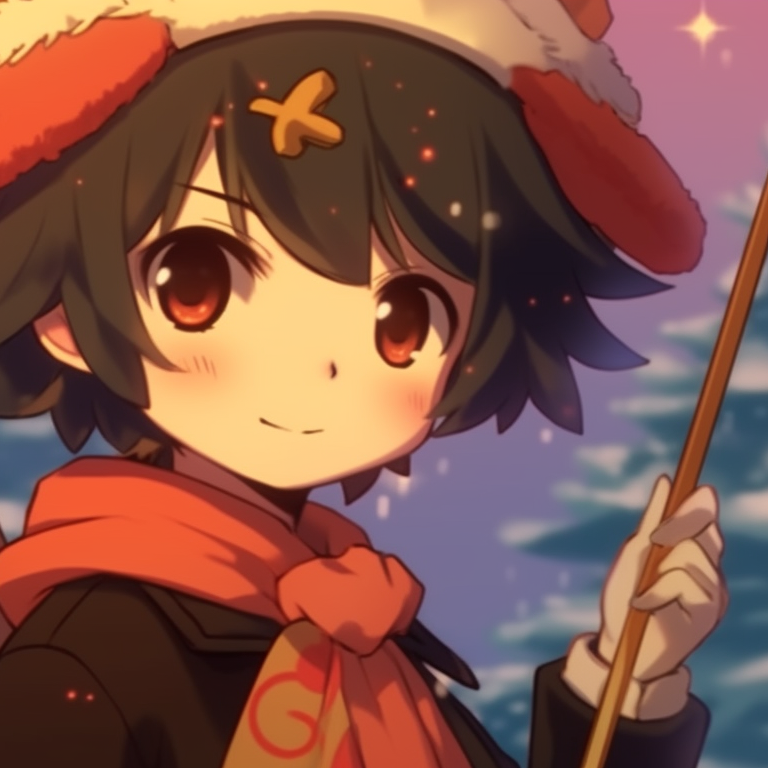 Matching characters caroling under an orange glow of Christmas lights, their vibrant expressions radiating warmth. festive matching christmas pfp orange images pfp for discord.