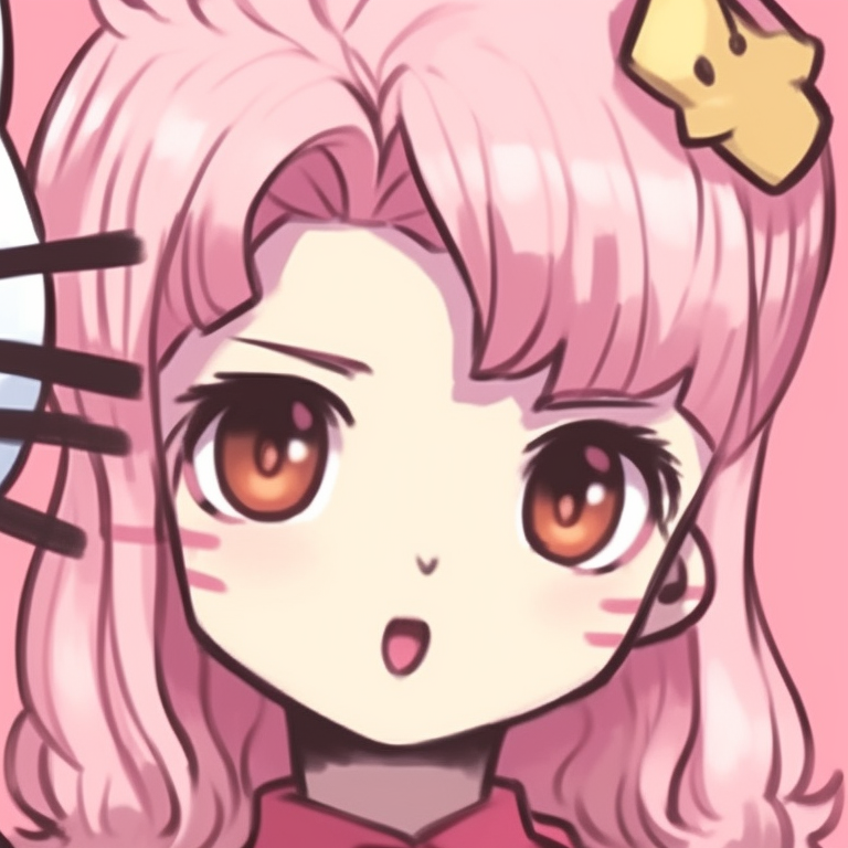 Two characters with Hello Kitty hair clips, expressive eyes and light color palette. hello kitty pfp matching styles pfp for discord.