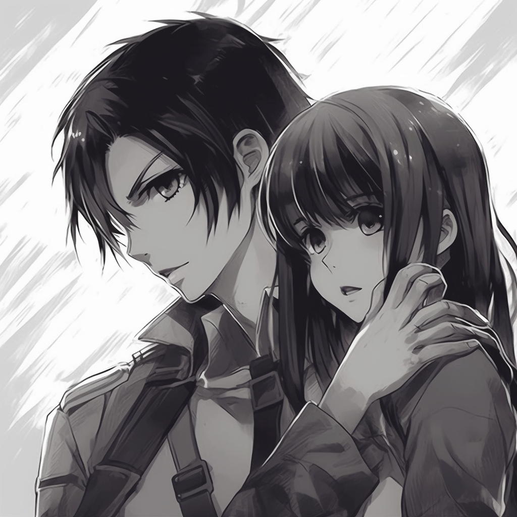 Close-up of Eren and Mikasa, bringing out their expressions and intense gaze. artistic anime matching pfp couples