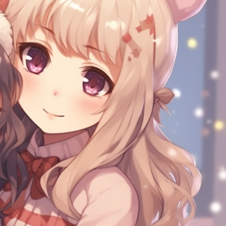 Two anime girls in matching Christmas sweaters, hugging, soft colors and gentle shading. adorable matching anime girl christmas pfp ideas pfp for discord.