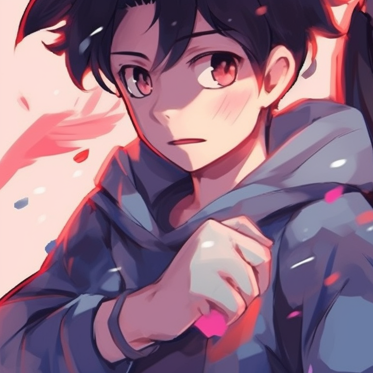 Two characters with contrasting color themes, holding each other's hands, soft colors and emotions evident in their eyes. best friend's matching pfp pfp for discord.