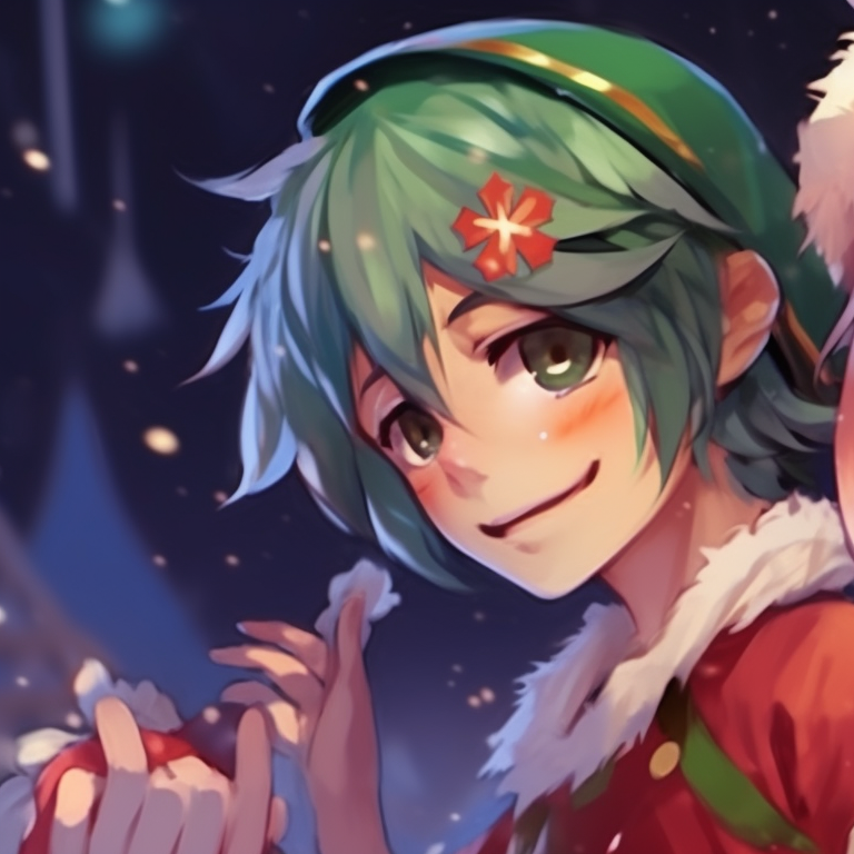 Two characters tangled in Christmas lights, soft glow and warm expressions. ideal couples matching christmas pfp pfp for discord.