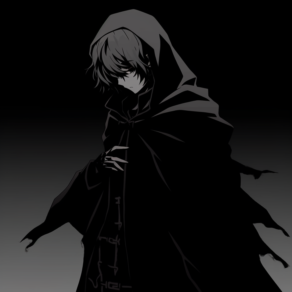 Silhouetted male character with a cloak, minimal light and heavy shadows. anime pfp dark featuring male characters pfp for discord.