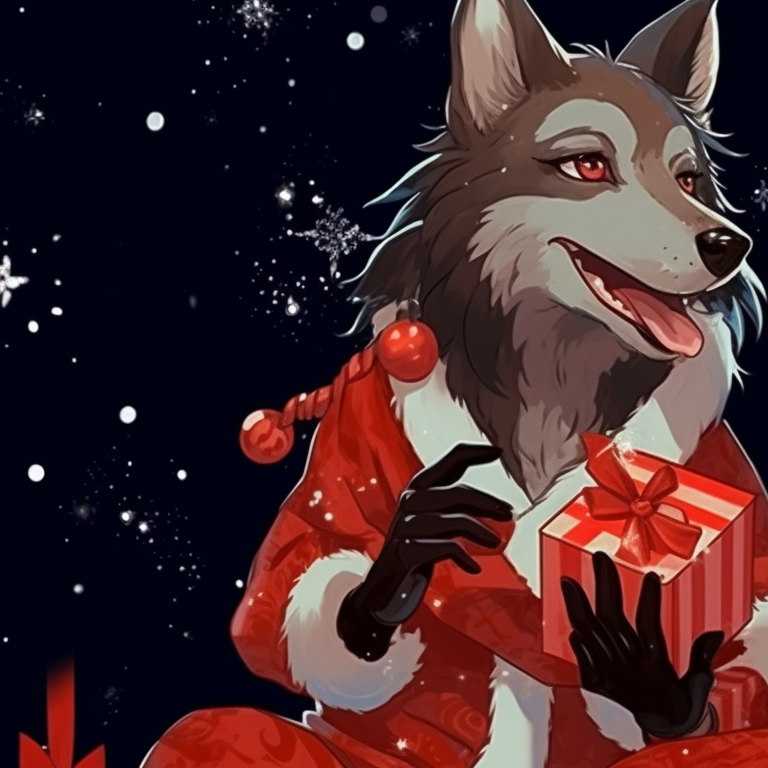 Two wolf characters, soft shading and hues of blue, under a starry night's sky. holiday matching christmas wolf pfp pfp for discord.