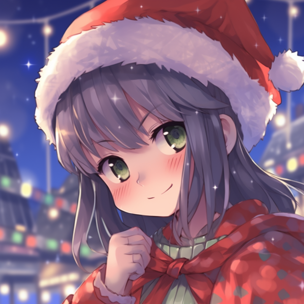 Close-up of an anime girl with a Christmas theme, emphasis on her expressive eyes and festive decorations. anime girl christmas pfp