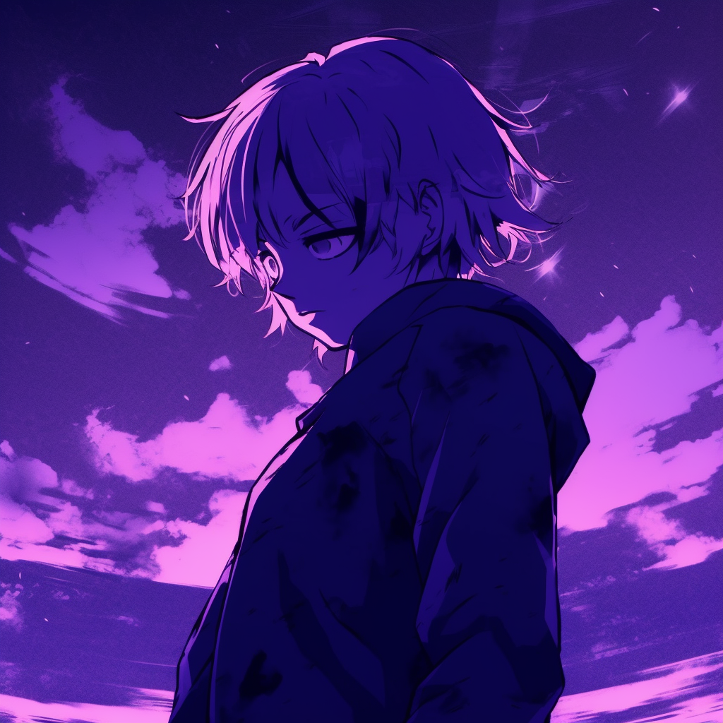 Anime boy standing in a purple, starry night, highlighting the luminous stars and the boy's silhouetted form. anime purple pfp inspirations pfp for discord.