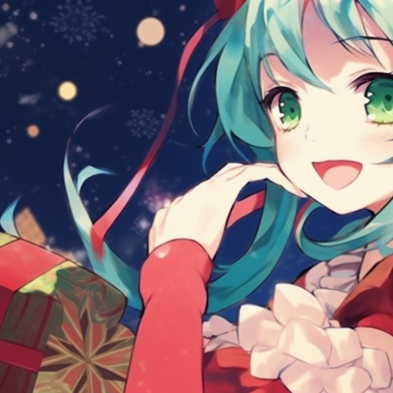 Hatsune Miku leaping joyously amongst presents, the delight captured in vibrant animation. engaging matching hatsune miku christmas pfp designs pfp for discord.