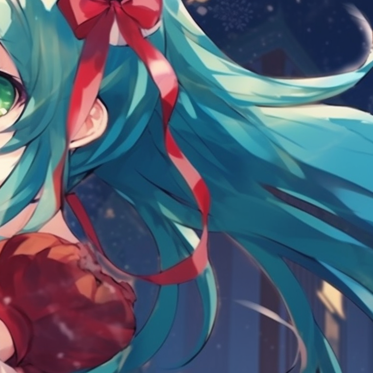 Hatsune Miku leaping joyously amongst presents, the delight captured in vibrant animation. engaging matching hatsune miku christmas pfp designs pfp for discord.